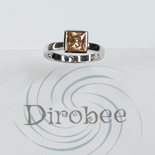 Sterling Silver Gold Coloured CZ Square Ring